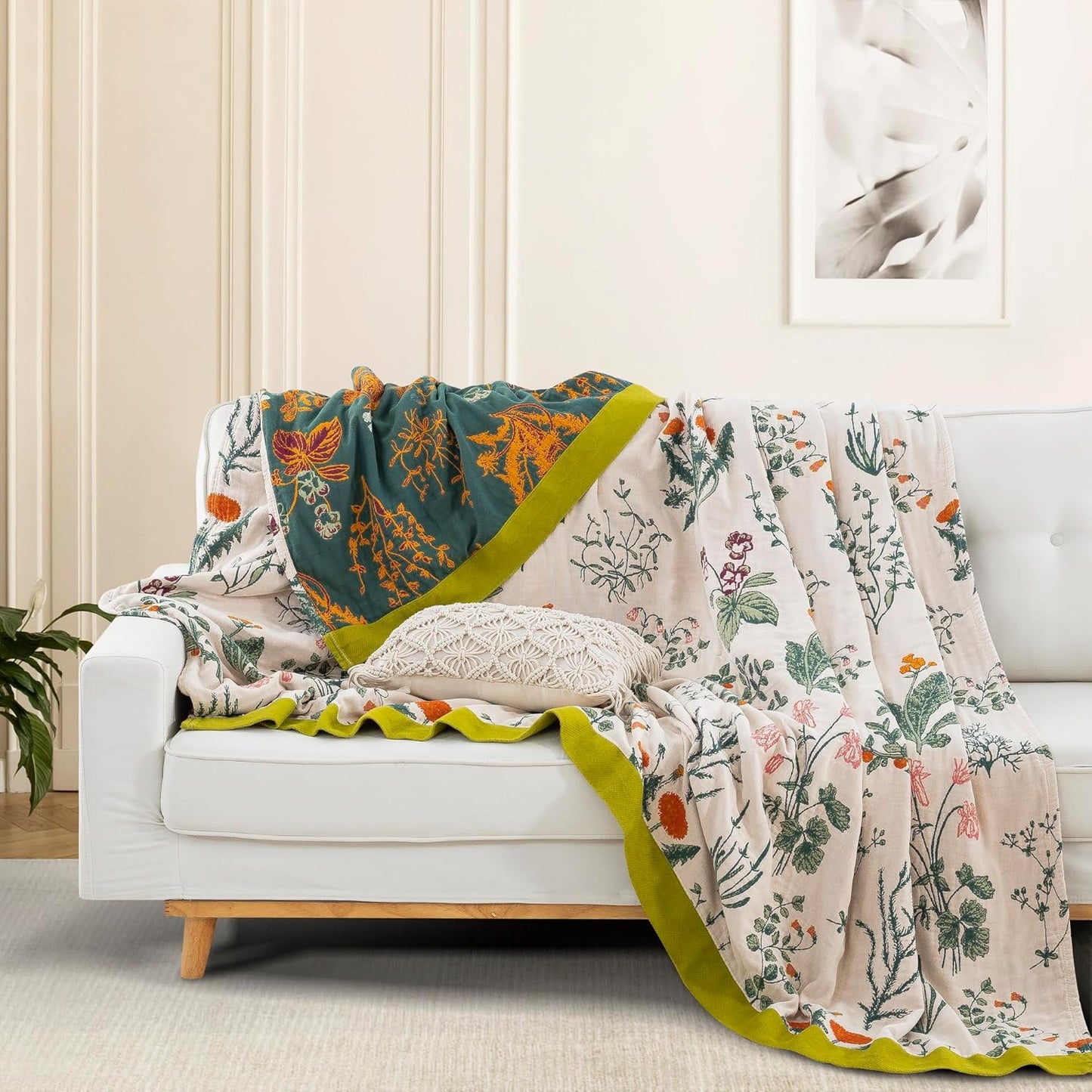 Marlenia — Cotton Muslin Throw Blanket with Reversible Floral Print